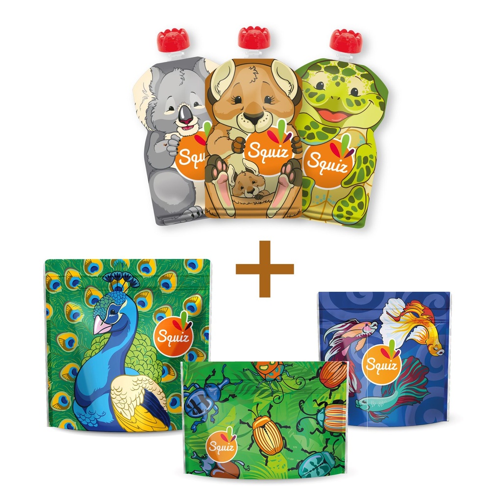 Kit Rentrée Scolaire : Gourdes compote réutilisables x3 + Sacs à gouter Flamboyants x3